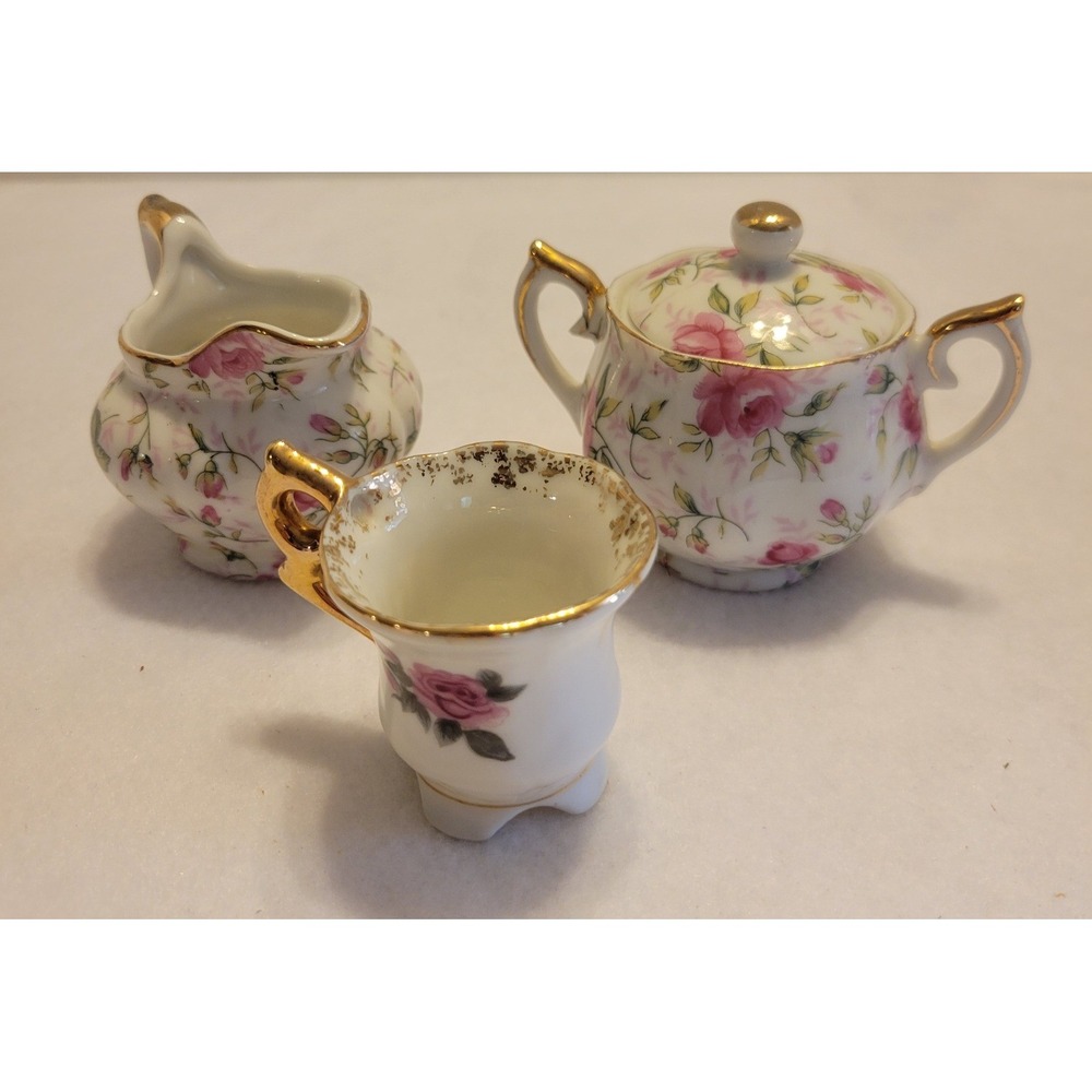 VTG 60's Lefton China Miniature Creamer Sugar Set Pink Rose Gold Trim White